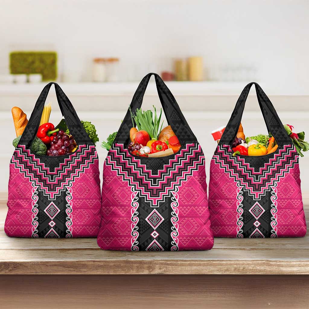 Pink Niho Taniwha Mix Poutama Grocery Bag Unique Taniko Aotearoa LT01 3-pack One Size Pink - Polynesian Pride