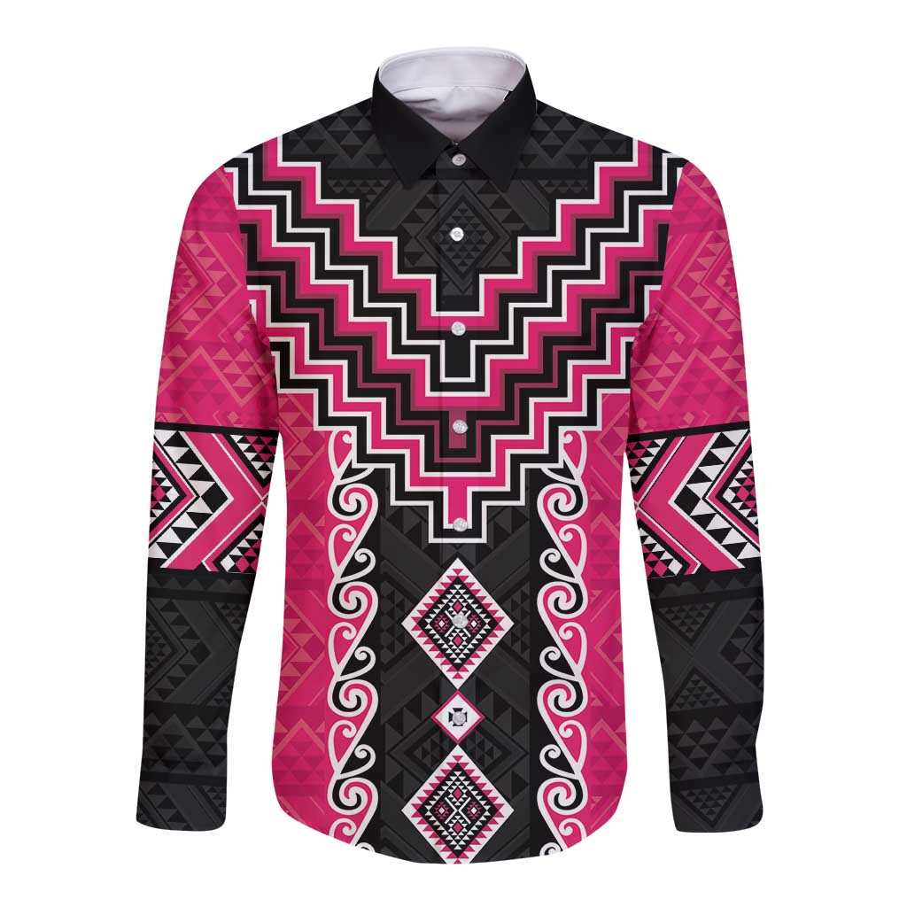 Pink Niho Taniwha Mix Poutama Long Sleeve Button Shirt Unique Taniko Aotearoa LT01 Unisex Pink - Polynesian Pride
