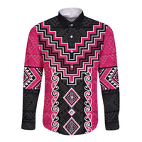 Pink Niho Taniwha Mix Poutama Long Sleeve Button Shirt Unique Taniko Aotearoa LT01 Unisex Pink - Polynesian Pride