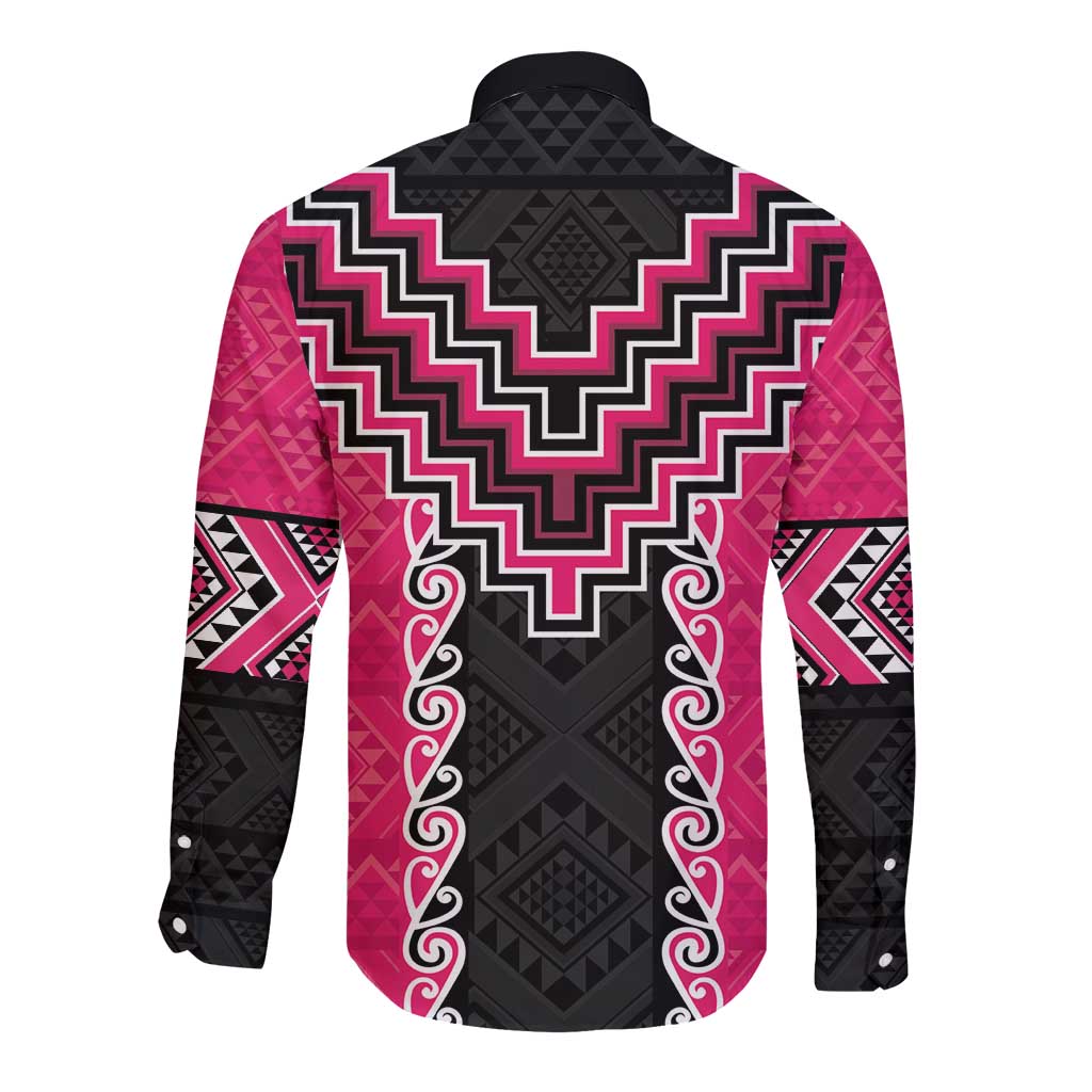 Pink Niho Taniwha Mix Poutama Long Sleeve Button Shirt Unique Taniko Aotearoa LT01 - Polynesian Pride