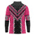 Pink Niho Taniwha Mix Poutama Long Sleeve Polo Shirt Unique Taniko Aotearoa