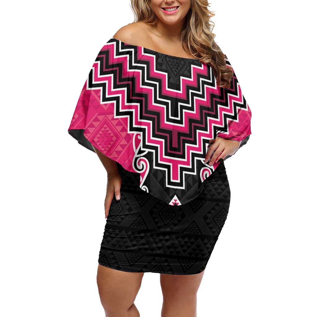 Pink Niho Taniwha Mix Poutama Off Shoulder Short Dress Unique Taniko Aotearoa LT01 Women Pink - Polynesian Pride