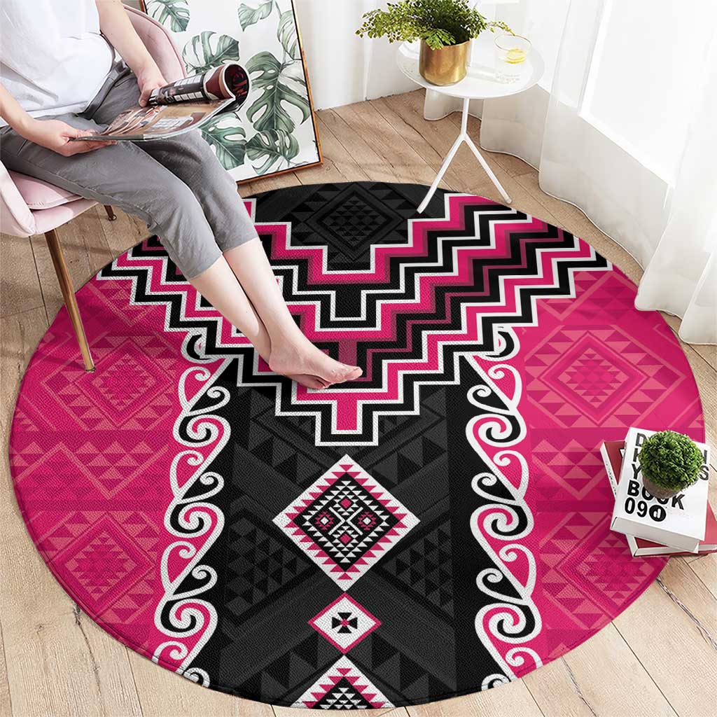 Pink Niho Taniwha Mix Poutama Round Carpet Unique Taniko Aotearoa LT01 - Polynesian Pride