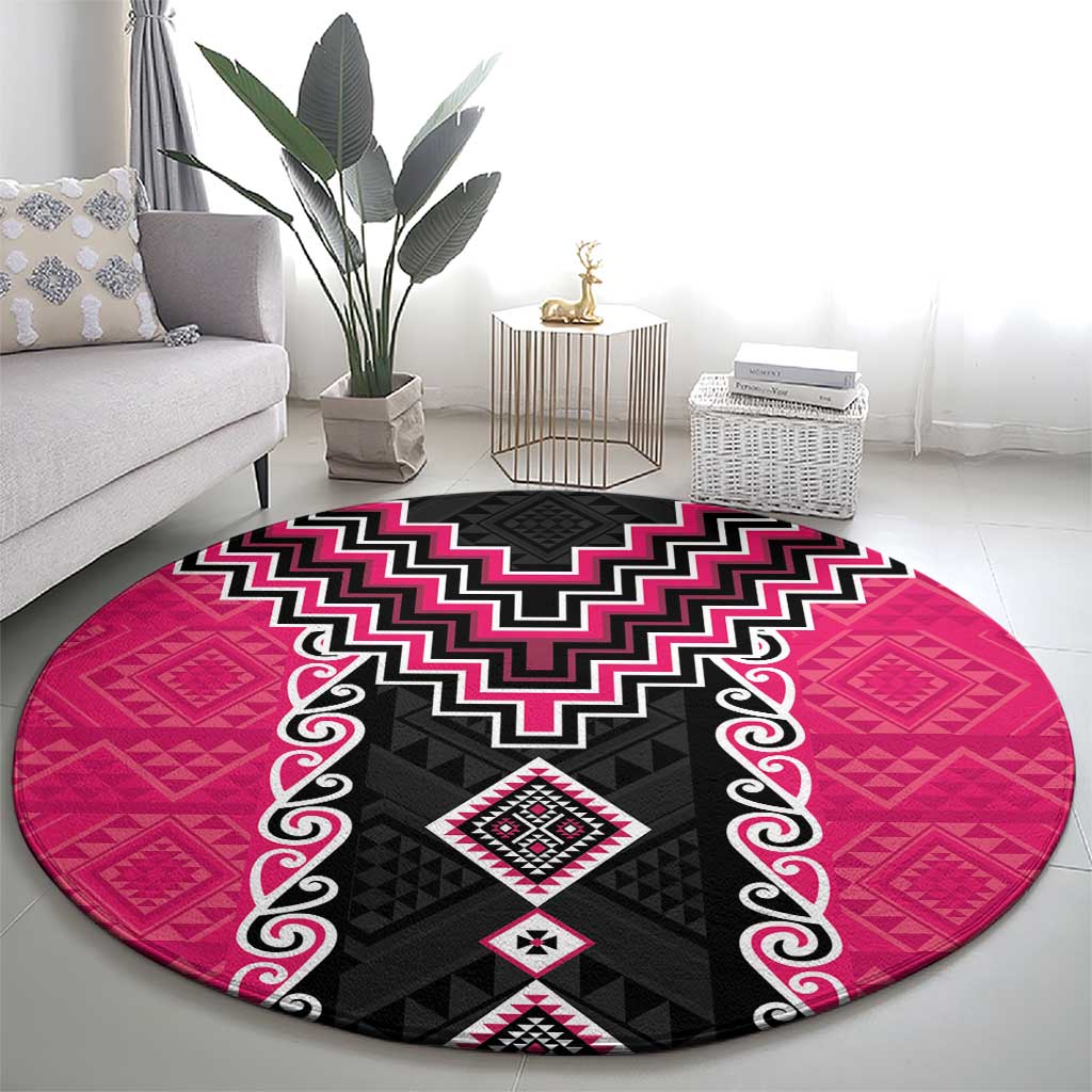 Pink Niho Taniwha Mix Poutama Round Carpet Unique Taniko Aotearoa LT01 - Polynesian Pride