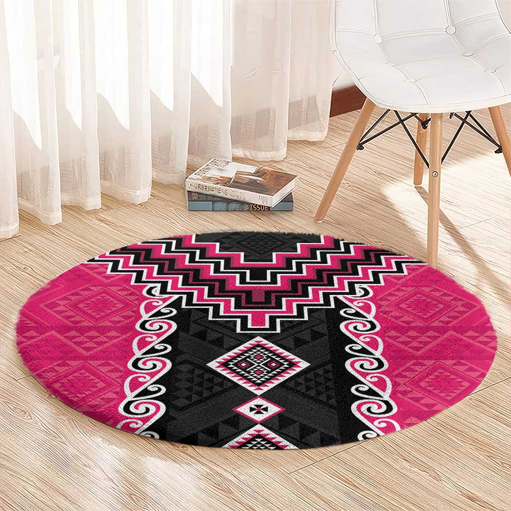 Pink Niho Taniwha Mix Poutama Round Carpet Unique Taniko Aotearoa LT01 - Polynesian Pride