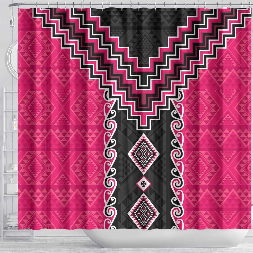 Pink Niho Taniwha Mix Poutama Shower Curtain Unique Taniko Aotearoa LT01 - Polynesian Pride