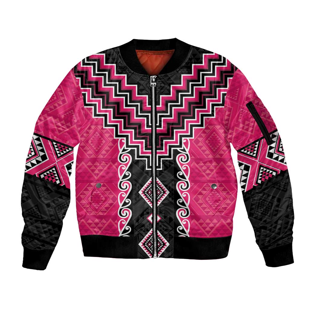 Pink Niho Taniwha Mix Poutama Sleeve Zip Bomber Jacket Unique Taniko Aotearoa LT01 Unisex Pink - Polynesian Pride