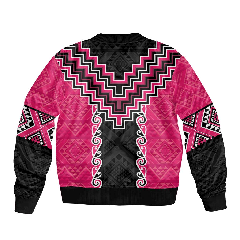 Pink Niho Taniwha Mix Poutama Sleeve Zip Bomber Jacket Unique Taniko Aotearoa LT01 - Polynesian Pride