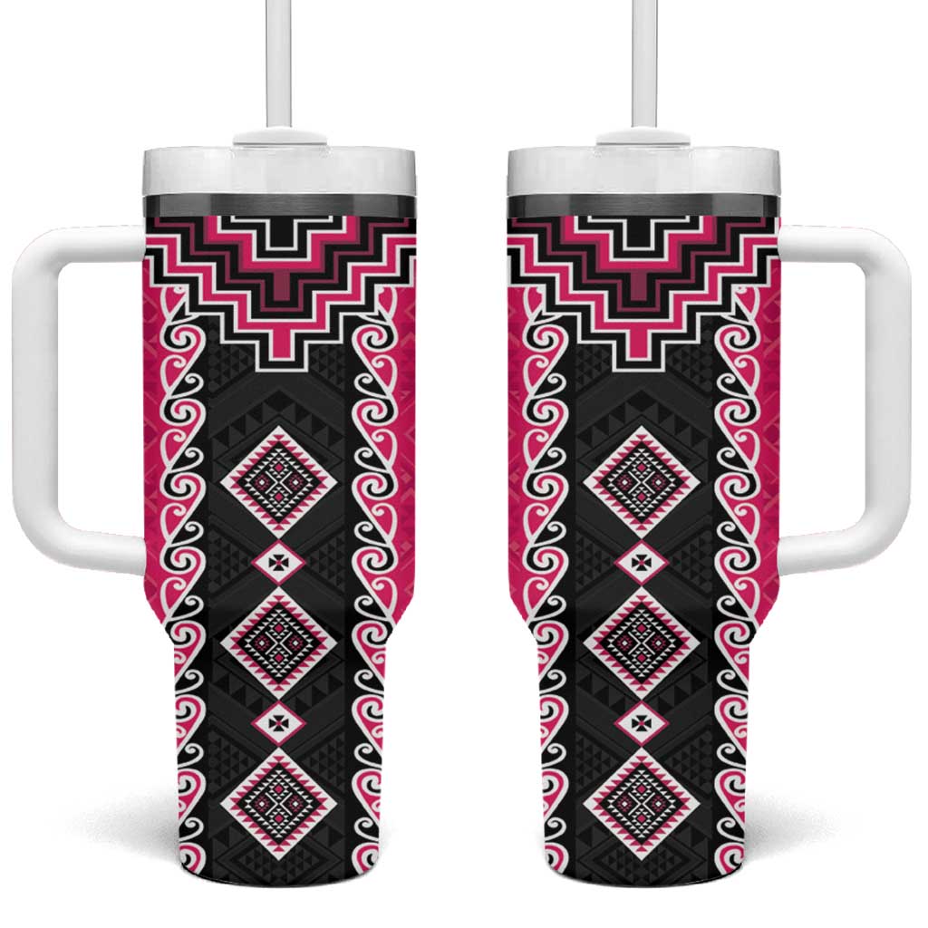 Pink Niho Taniwha Mix Poutama Tumbler With Handle Unique Taniko Aotearoa LT01 One Size: 40 oz Pink - Polynesian Pride