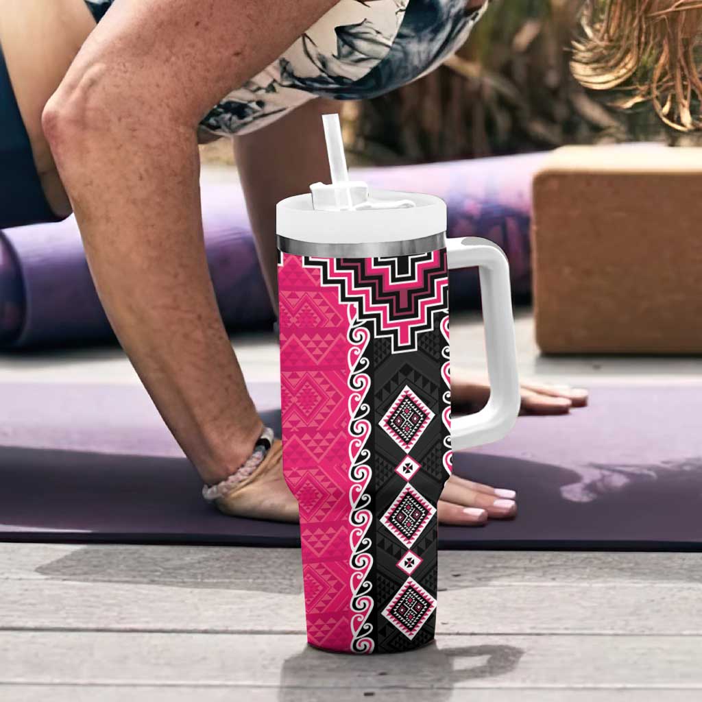 Pink Niho Taniwha Mix Poutama Tumbler With Handle Unique Taniko Aotearoa LT01 - Polynesian Pride