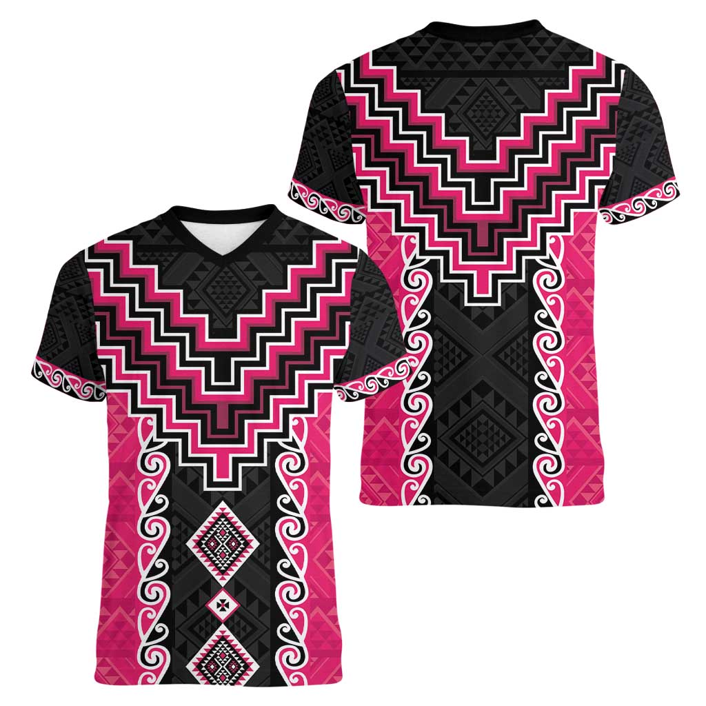 Pink Niho Taniwha Mix Poutama Women V-Neck T-Shirt Unique Taniko Aotearoa LT01 - Polynesian Pride