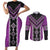 Purple Niho Taniwha Mix Poutama Couples Matching Short Sleeve Bodycon Dress and Long Sleeve Button Shirt Unique Taniko Aotearoa