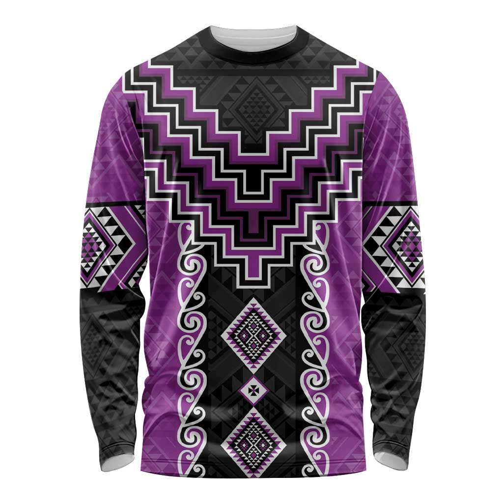 Purple Niho Taniwha Mix Poutama Long Sleeve Shirt Unique Taniko Aotearoa LT01 Unisex Purple - Polynesian Pride