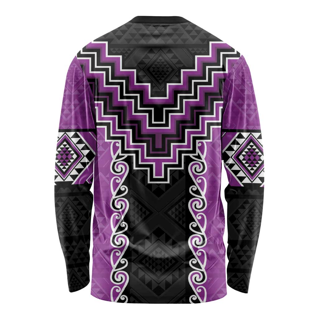 Purple Niho Taniwha Mix Poutama Long Sleeve Shirt Unique Taniko Aotearoa LT01 - Polynesian Pride
