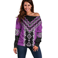 Purple Niho Taniwha Mix Poutama Off Shoulder Sweater Unique Taniko Aotearoa LT01 Women Purple - Polynesian Pride