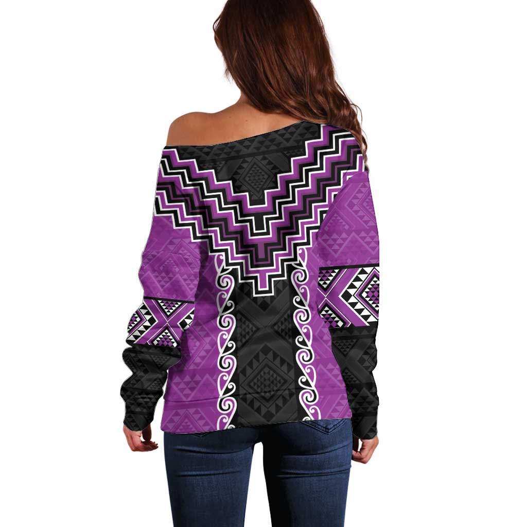 Purple Niho Taniwha Mix Poutama Off Shoulder Sweater Unique Taniko Aotearoa LT01 - Polynesian Pride
