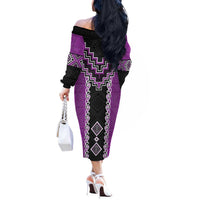 Purple Niho Taniwha Mix Poutama Off The Shoulder Long Sleeve Dress Unique Taniko Aotearoa LT01 - Polynesian Pride