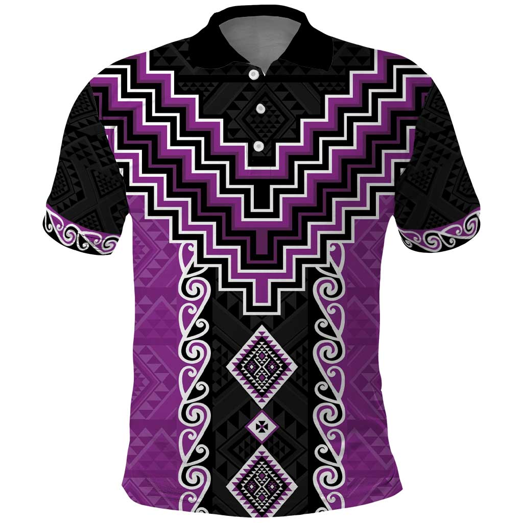 Purple Niho Taniwha Mix Poutama Polo Shirt Unique Taniko Aotearoa LT01 Purple - Polynesian Pride