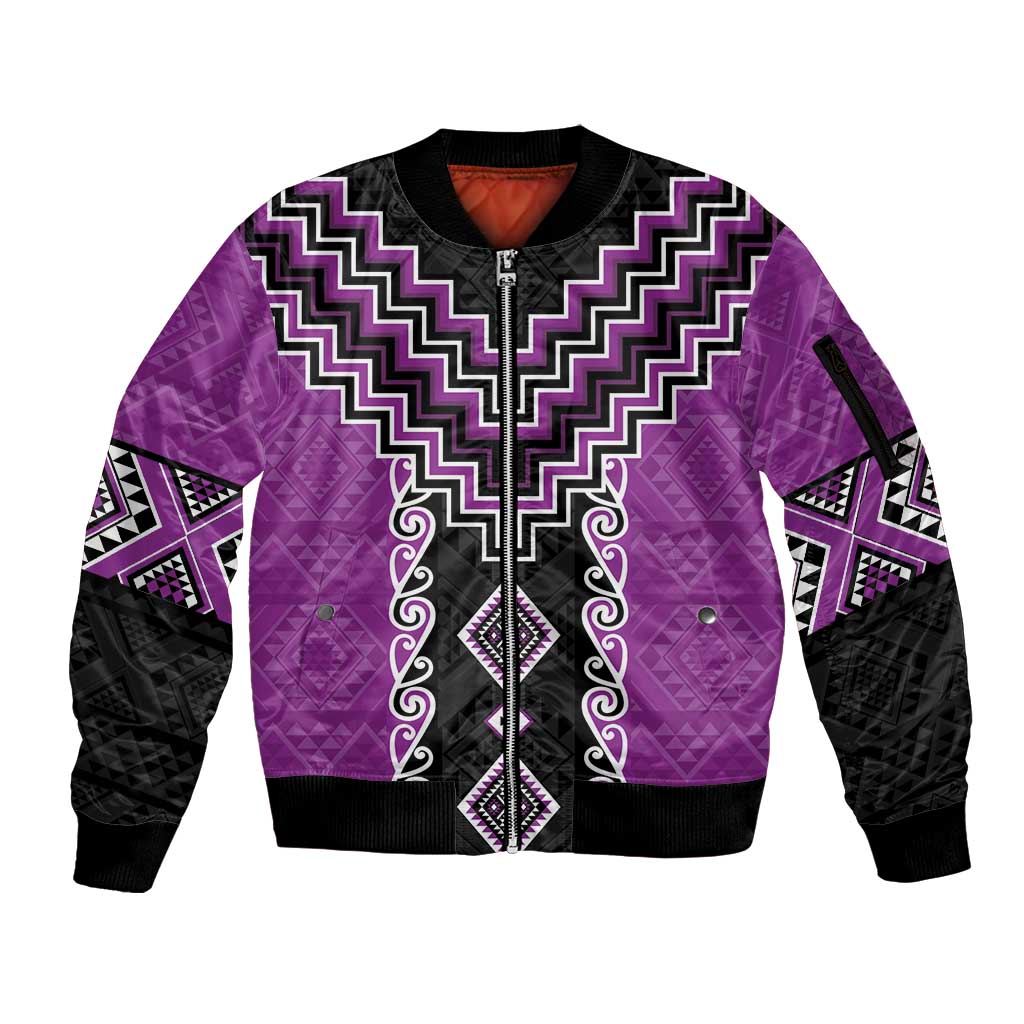 Purple Niho Taniwha Mix Poutama Sleeve Zip Bomber Jacket Unique Taniko Aotearoa LT01 Unisex Purple - Polynesian Pride