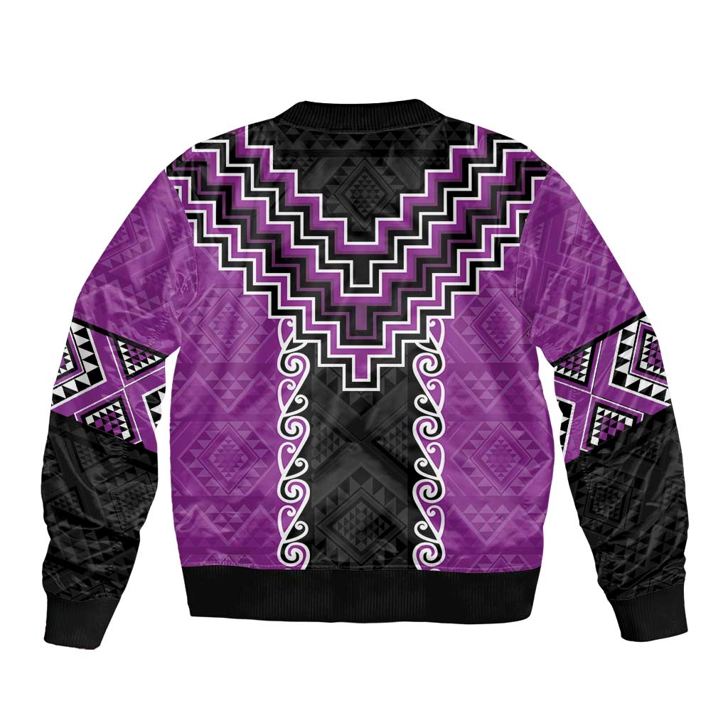 Purple Niho Taniwha Mix Poutama Sleeve Zip Bomber Jacket Unique Taniko Aotearoa LT01 - Polynesian Pride