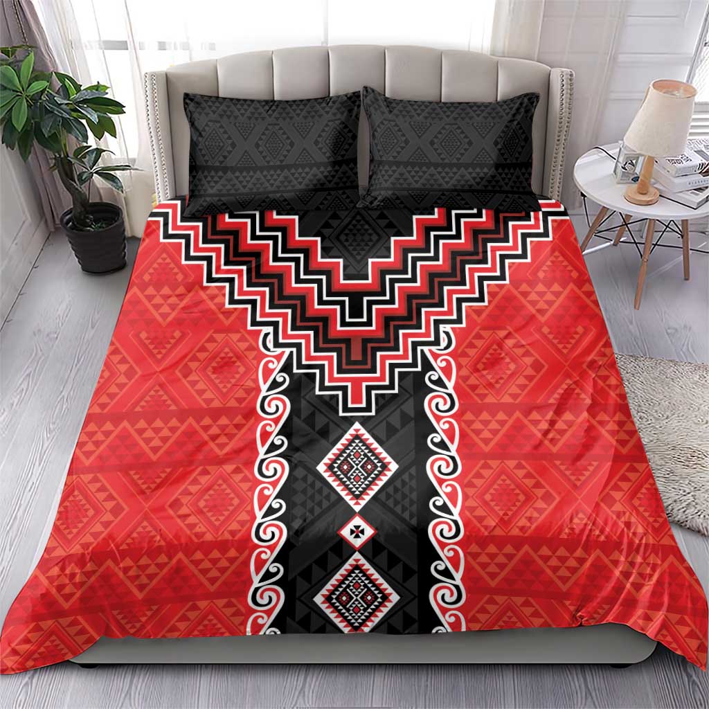 Red Niho Taniwha Mix Poutama Bedding Set Unique Taniko Aotearoa LT01 - Polynesian Pride