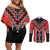 Red Niho Taniwha Mix Poutama Couples Matching Off Shoulder Short Dress and Long Sleeve Button Shirt Unique Taniko Aotearoa