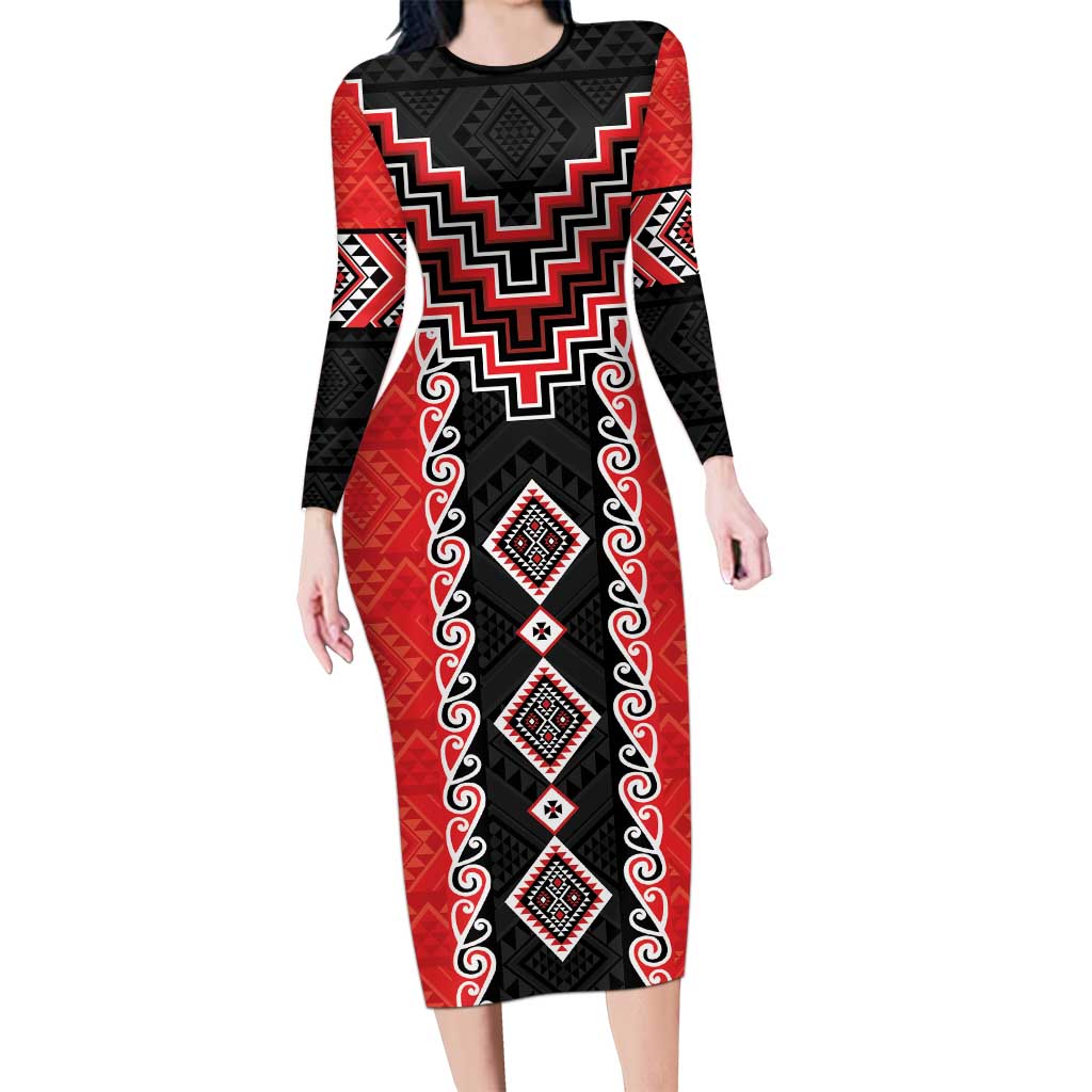 Red Niho Taniwha Mix Poutama Long Sleeve Bodycon Dress Unique Taniko Aotearoa LT01 Long Dress Red - Polynesian Pride