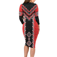 Red Niho Taniwha Mix Poutama Long Sleeve Bodycon Dress Unique Taniko Aotearoa LT01 - Polynesian Pride