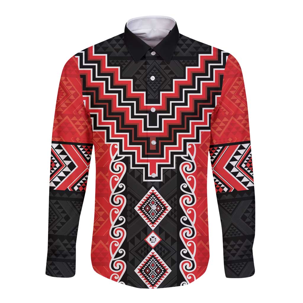Red Niho Taniwha Mix Poutama Long Sleeve Button Shirt Unique Taniko Aotearoa LT01 Unisex Red - Polynesian Pride