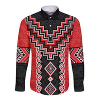 Red Niho Taniwha Mix Poutama Long Sleeve Button Shirt Unique Taniko Aotearoa LT01 Unisex Red - Polynesian Pride