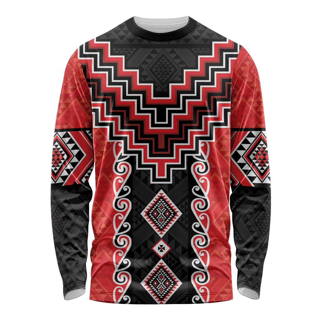 Red Niho Taniwha Mix Poutama Long Sleeve Shirt Unique Taniko Aotearoa LT01 Unisex Red - Polynesian Pride