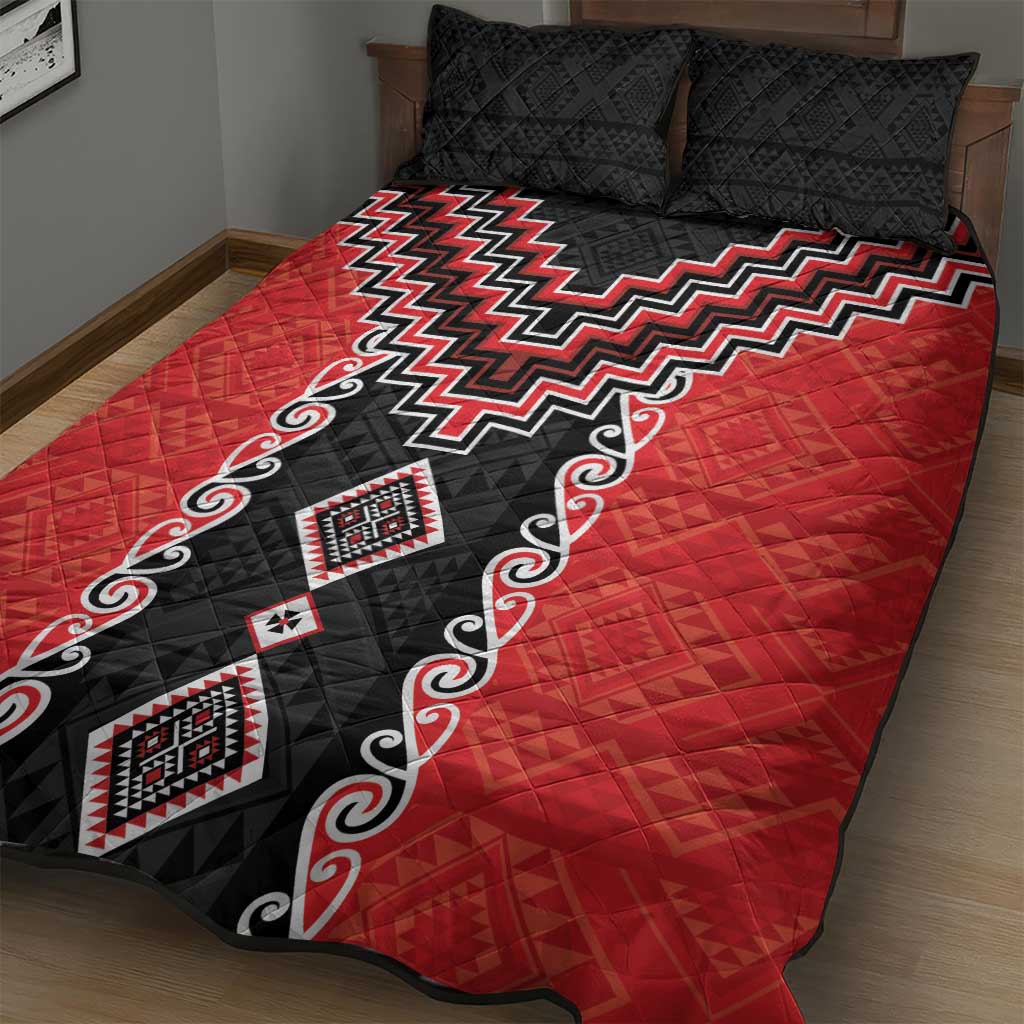 Red Niho Taniwha Mix Poutama Quilt Bed Set Unique Taniko Aotearoa LT01 - Polynesian Pride