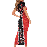 Red Niho Taniwha Mix Poutama Short Sleeve Bodycon Dress Unique Taniko Aotearoa LT01 - Polynesian Pride