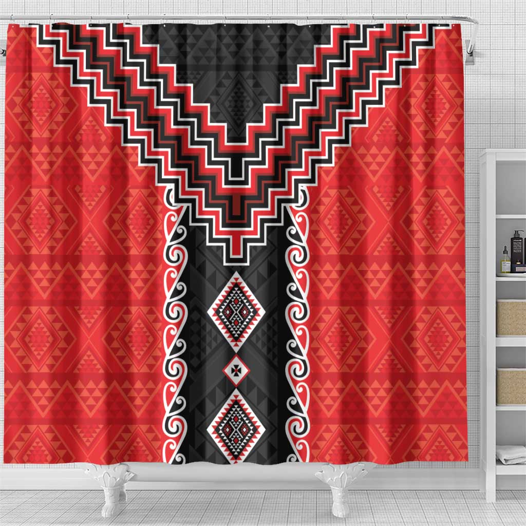 Red Niho Taniwha Mix Poutama Shower Curtain Unique Taniko Aotearoa LT01 - Polynesian Pride