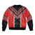 Red Niho Taniwha Mix Poutama Sleeve Zip Bomber Jacket Unique Taniko Aotearoa