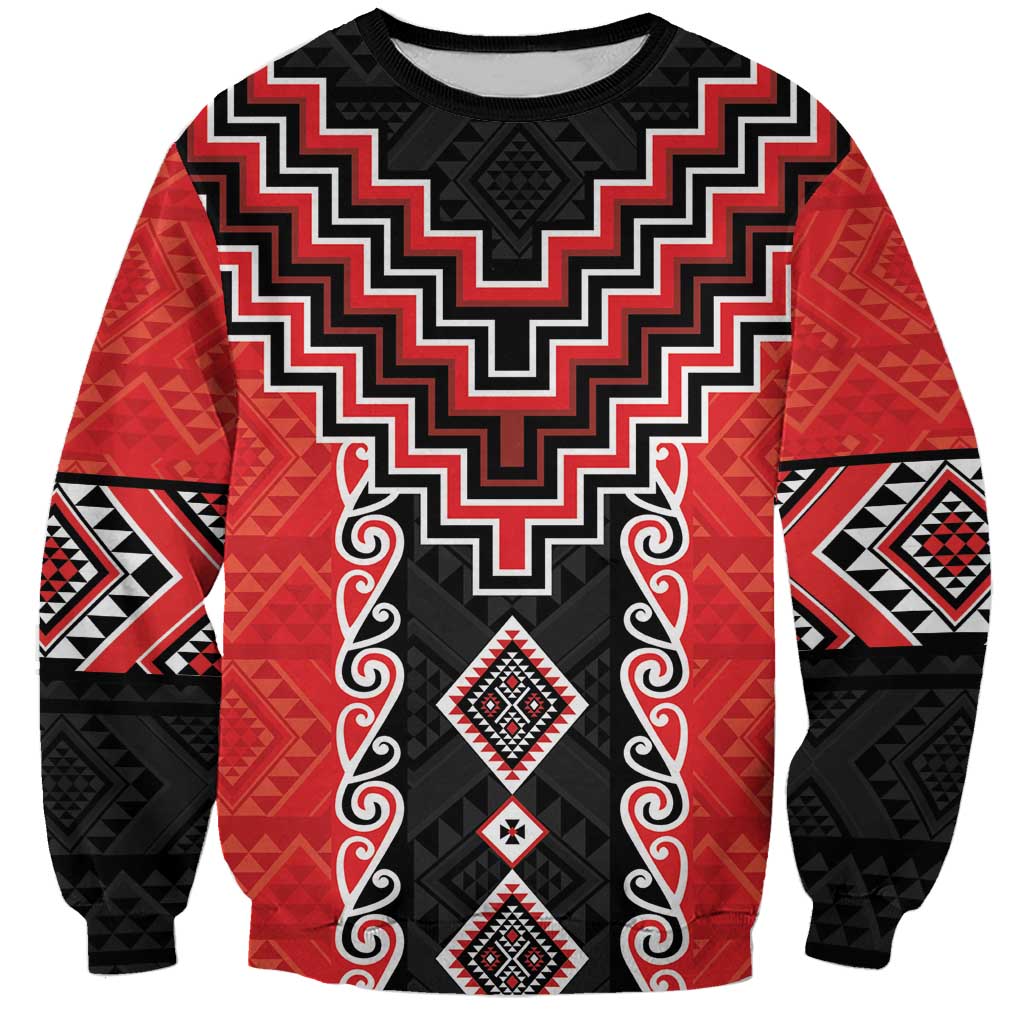 Red Niho Taniwha Mix Poutama Sweatshirt Unique Taniko Aotearoa LT01 Unisex Red - Polynesian Pride