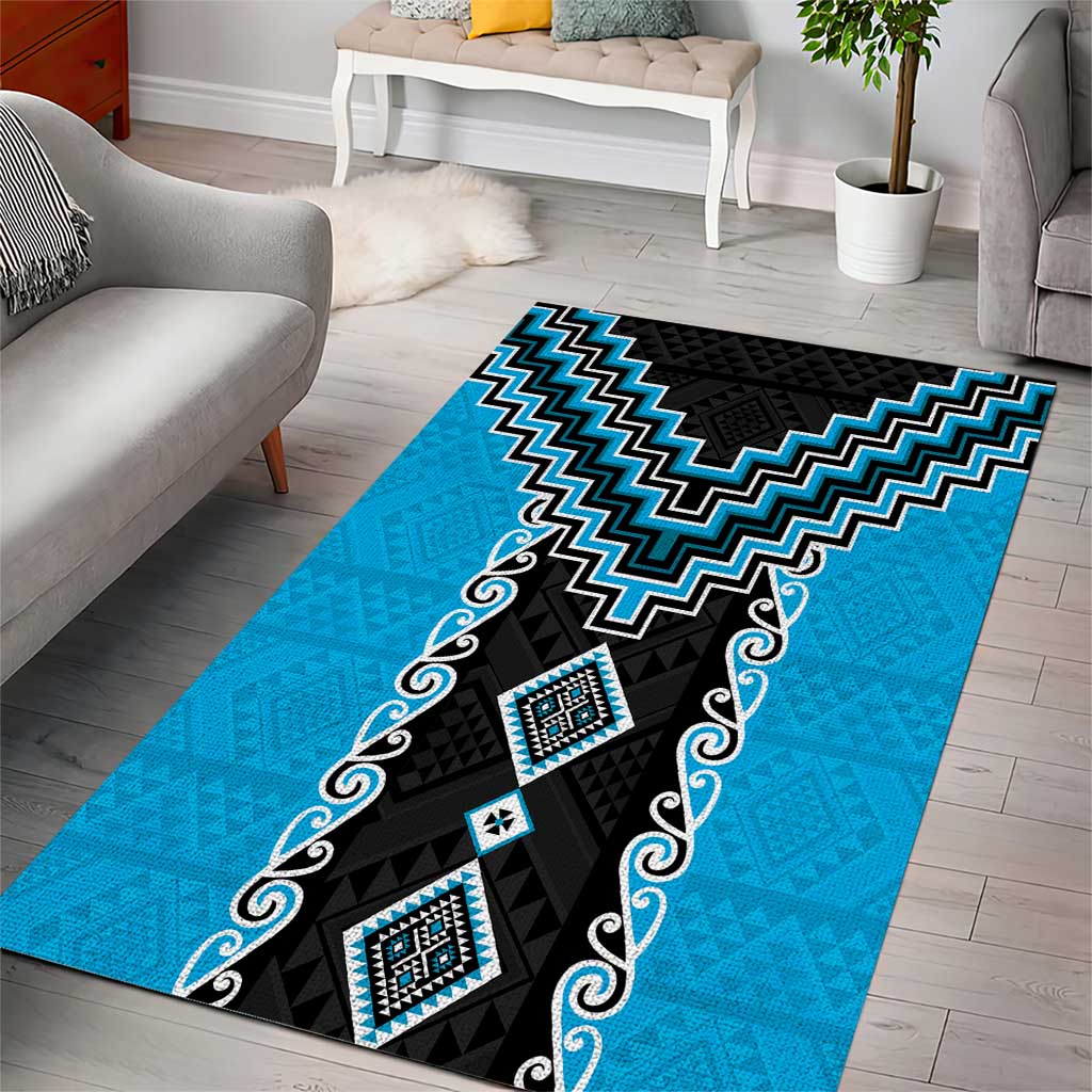 Sky Blue Niho Taniwha Mix Poutama Area Rug Unique Taniko Aotearoa LT01 - Polynesian Pride
