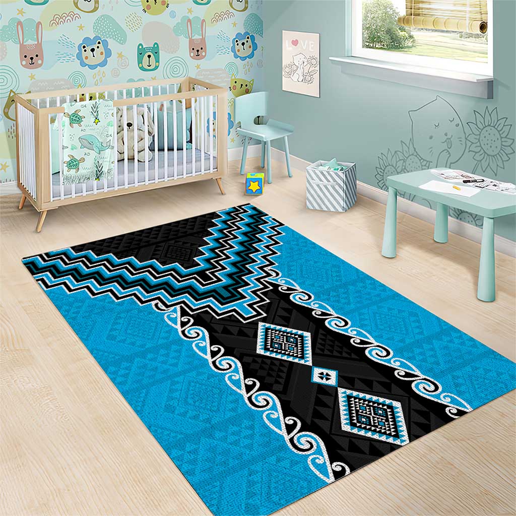 Sky Blue Niho Taniwha Mix Poutama Area Rug Unique Taniko Aotearoa LT01 - Polynesian Pride