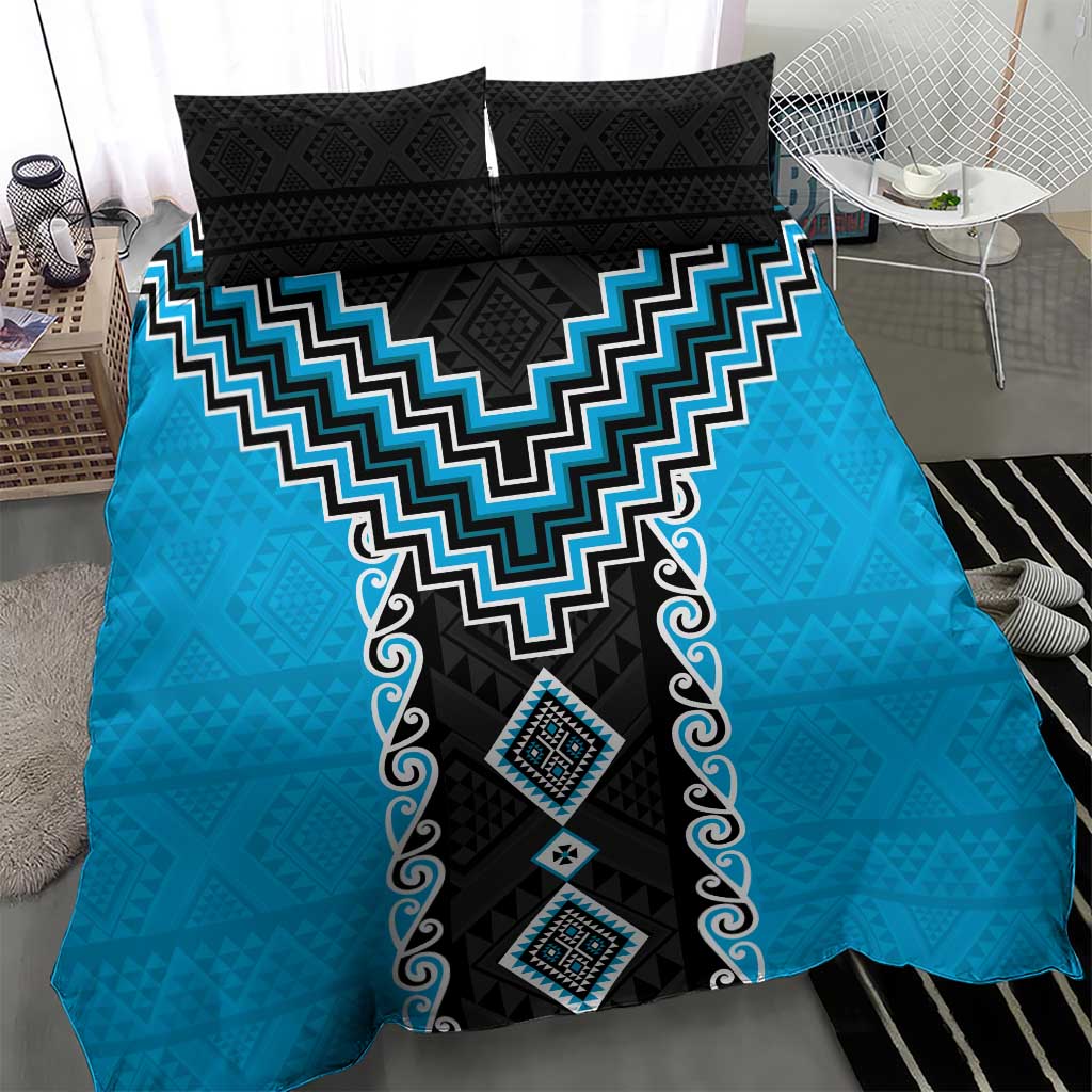 Sky Blue Niho Taniwha Mix Poutama Bedding Set Unique Taniko Aotearoa LT01 - Polynesian Pride
