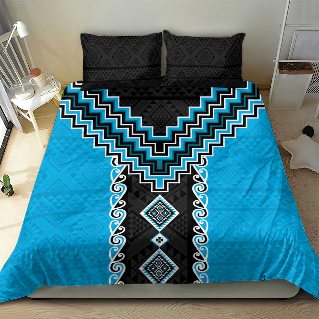 Sky Blue Niho Taniwha Mix Poutama Bedding Set Unique Taniko Aotearoa LT01 - Polynesian Pride