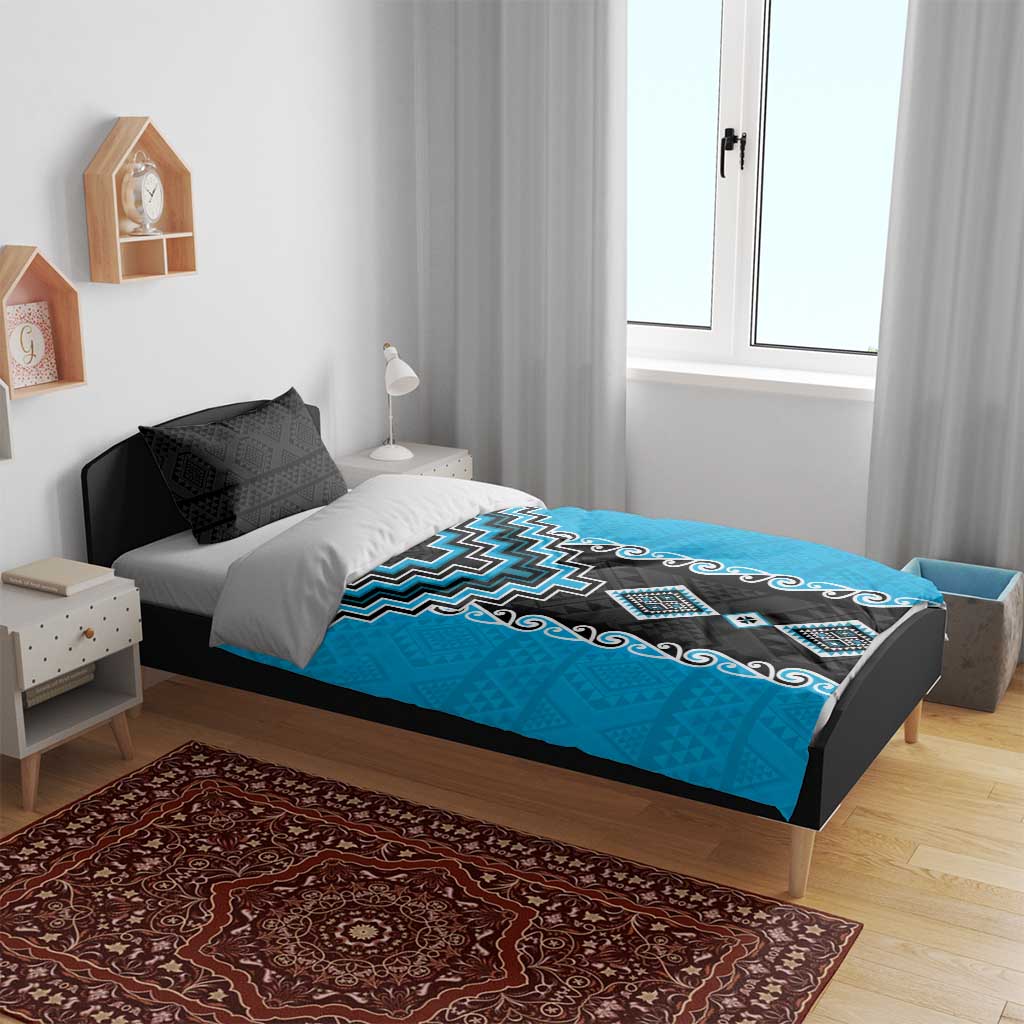 Sky Blue Niho Taniwha Mix Poutama Bedding Set Unique Taniko Aotearoa LT01 - Polynesian Pride