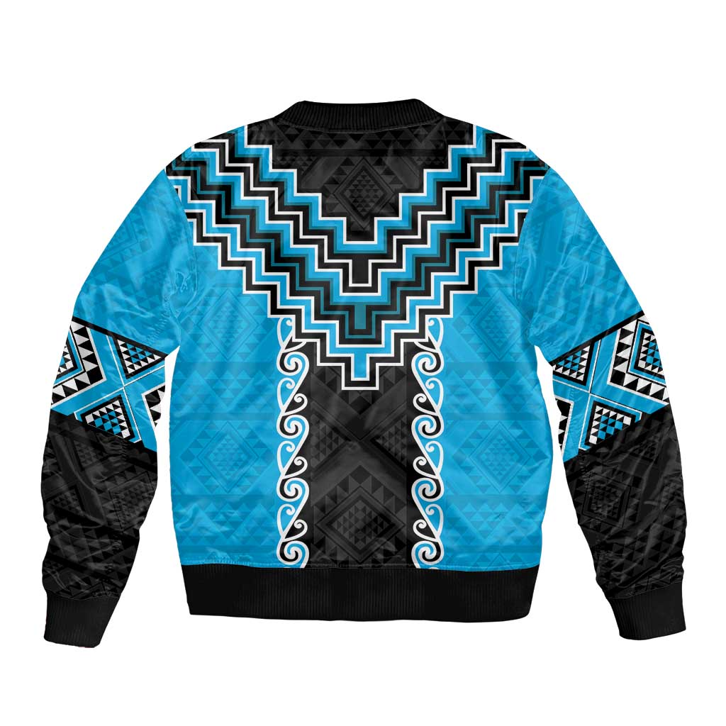 Sky Blue Niho Taniwha Mix Poutama Bomber Jacket Unique Taniko Aotearoa LT01 - Polynesian Pride