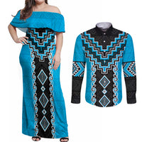 Sky Blue Niho Taniwha Mix Poutama Couples Matching Off Shoulder Maxi Dress and Long Sleeve Button Shirt Unique Taniko Aotearoa LT01 Sky Blue - Polynesian Pride