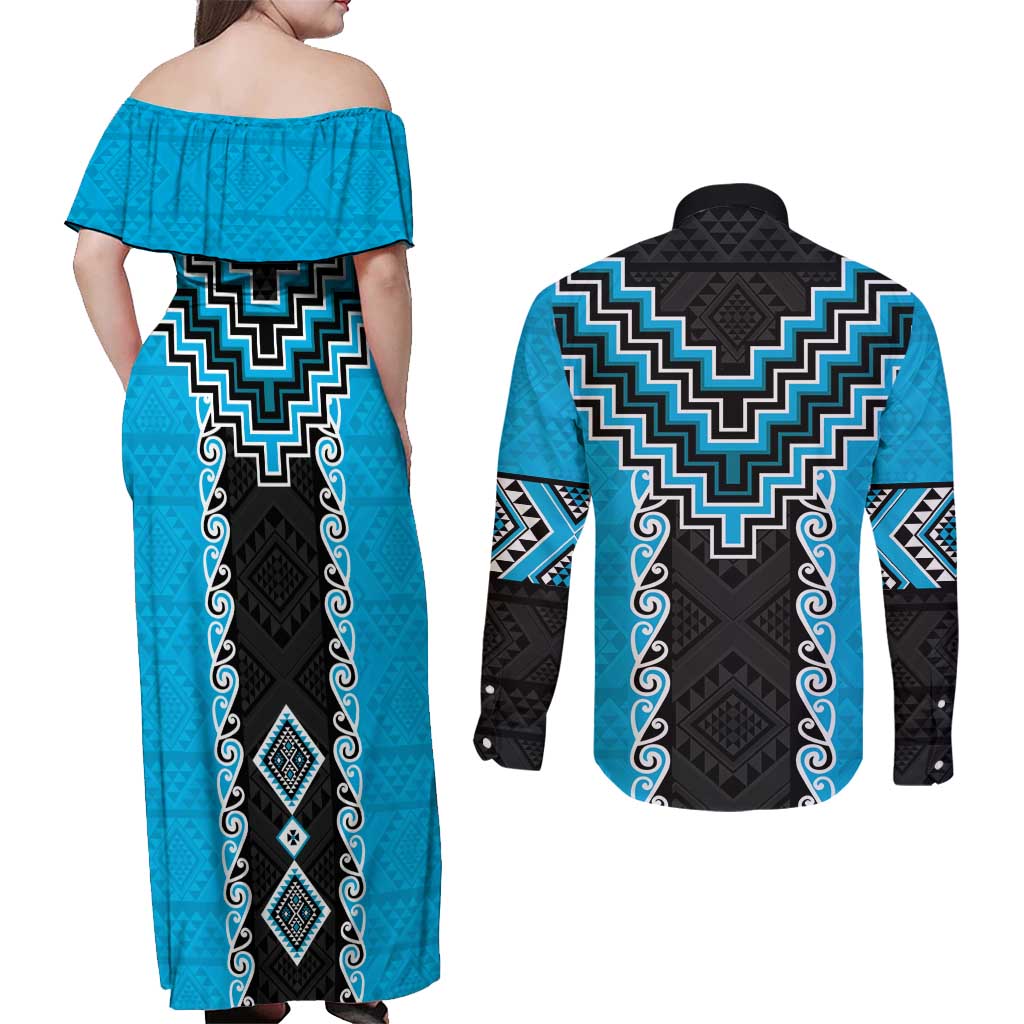 Sky Blue Niho Taniwha Mix Poutama Couples Matching Off Shoulder Maxi Dress and Long Sleeve Button Shirt Unique Taniko Aotearoa LT01 - Polynesian Pride