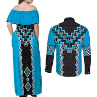 Sky Blue Niho Taniwha Mix Poutama Couples Matching Off Shoulder Maxi Dress and Long Sleeve Button Shirt Unique Taniko Aotearoa LT01 - Polynesian Pride