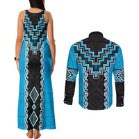 Sky Blue Niho Taniwha Mix Poutama Couples Matching Tank Maxi Dress and Long Sleeve Button Shirt Unique Taniko Aotearoa LT01 - Polynesian Pride