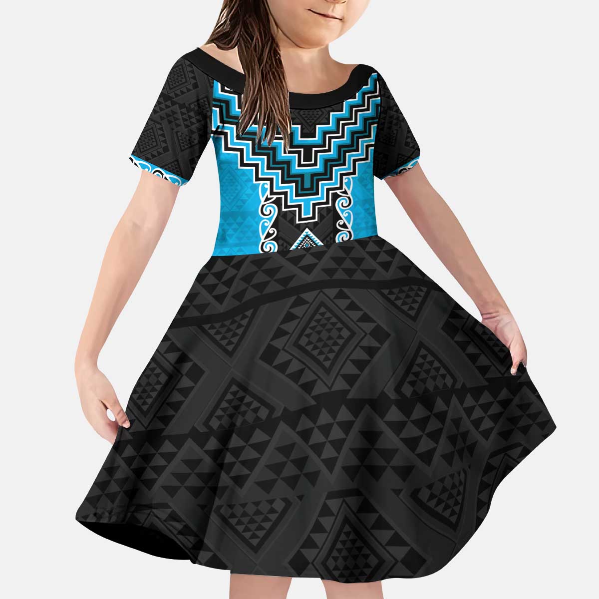 Sky Blue Niho Taniwha Mix Poutama Kid Short Sleeve Dress Unique Taniko Aotearoa LT01 KID Sky Blue - Polynesian Pride