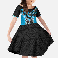 Sky Blue Niho Taniwha Mix Poutama Kid Short Sleeve Dress Unique Taniko Aotearoa LT01 KID Sky Blue - Polynesian Pride
