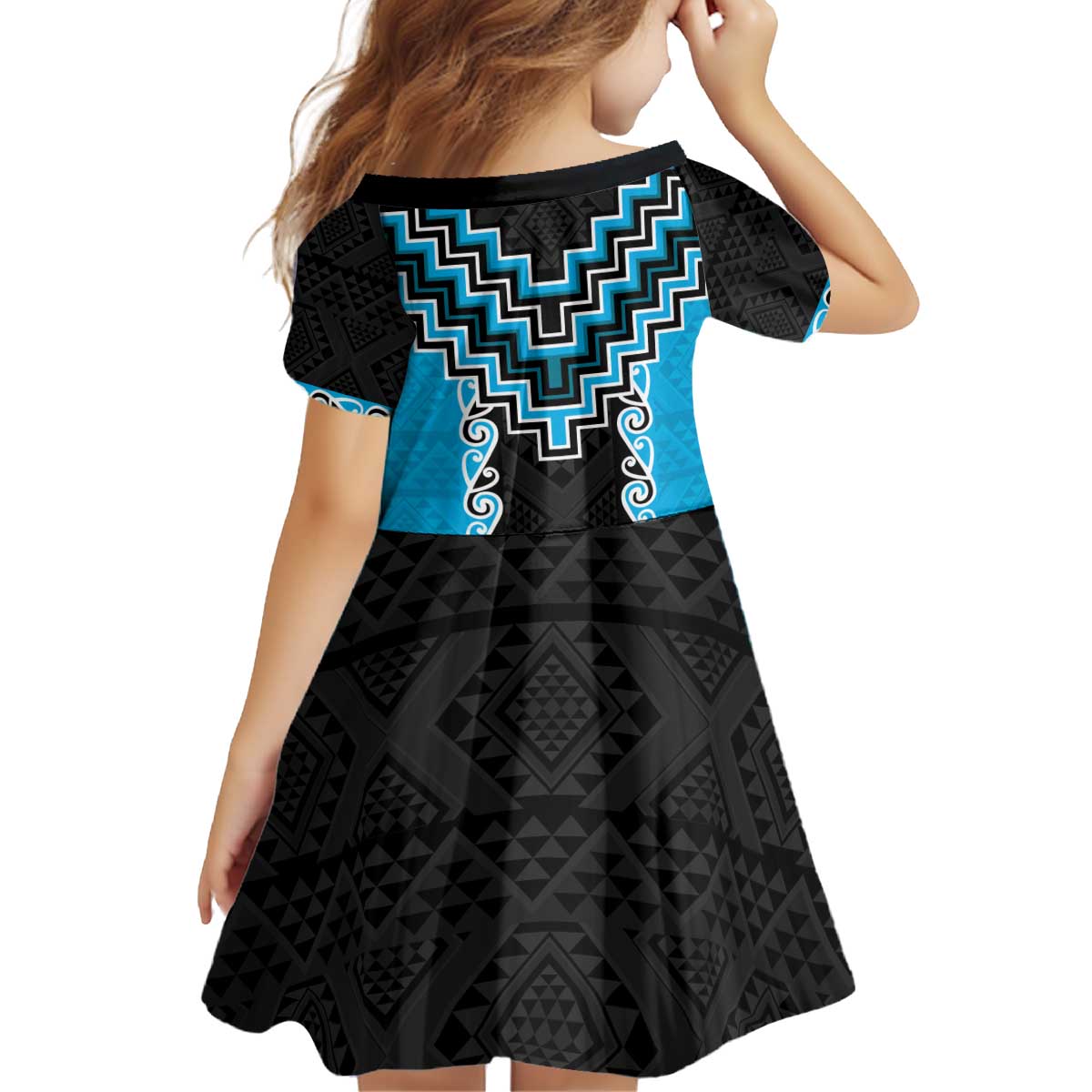 Sky Blue Niho Taniwha Mix Poutama Kid Short Sleeve Dress Unique Taniko Aotearoa LT01 - Polynesian Pride