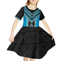 Sky Blue Niho Taniwha Mix Poutama Kid Short Sleeve Dress Unique Taniko Aotearoa LT01 - Polynesian Pride